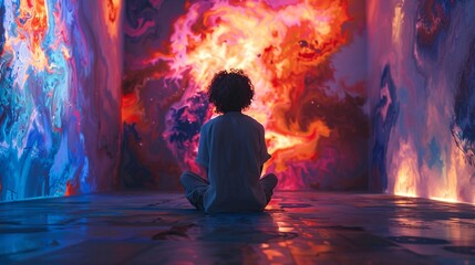 Creative person surrounded by multicolored abstract designs in a dimly lit room