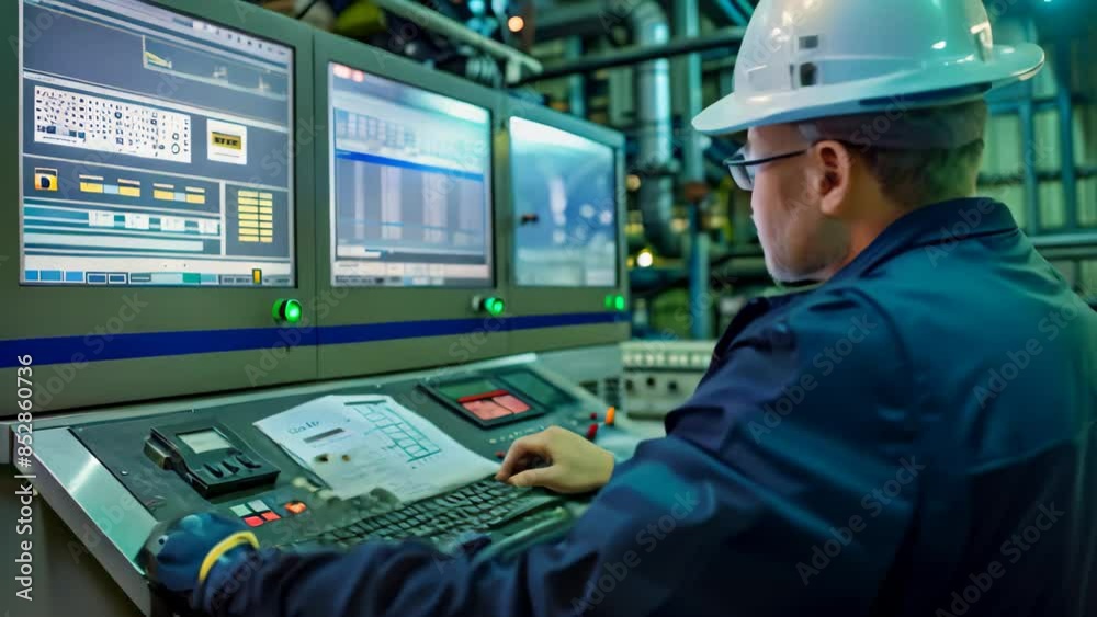 Poster a man in a hard hat is busy working on a machine in an industrial setting, an engineer creates custo