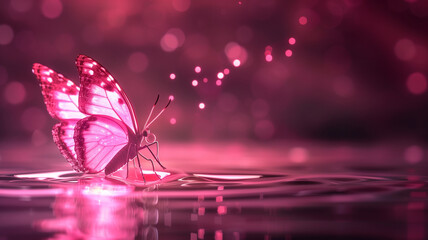 Beautiful butterfly shining pink on the lake at night, copy space,space for text,Generic AI,夜の湖にピンク色に輝いているの綺麗な蝶、コピースペース,テキスト用スペース,Generative AI,
