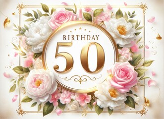 Elegant 50th birthday card with gold lettering, blooming roses, and peonies in soft pastel colors