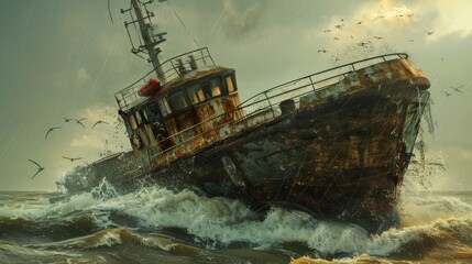 Abandoned Rusty Ship in Stormy Seas. Dramatic atmopheric weather rain