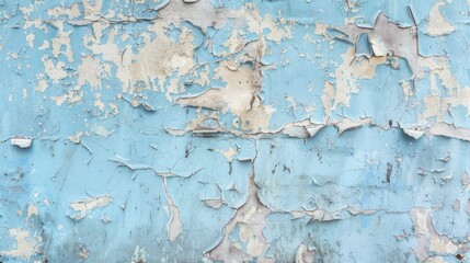 Fototapeta premium Peeling paint on light blue aged wall with rustic grunge pattern