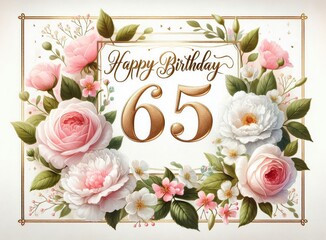 Elegant floral 65th birthday card with roses, peonies, and gold accents on a white background