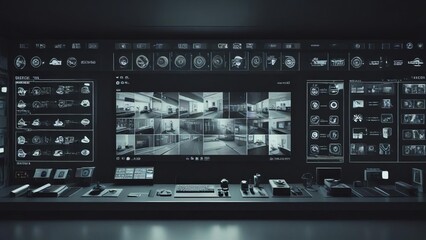 Command Center Surveillance: A high-tech security hub with an array of monitors displaying live CCTV footage, data analytics, and control panels, evoking themes of vigilance, technology, and protectio