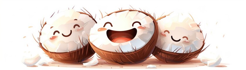 Three smiling coconuts with happy faces.