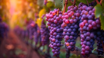 Ripe Grape Clusters in a Vineyard at Sunset