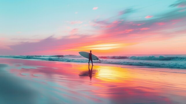Long exposure photo of a surfer walking on the beach with a surfboard at sunrise