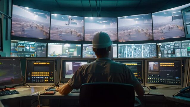 A man sits in a control room surrounded by multiple monitors, actively monitoring operations, An engineer in a factory control room monitoring processes and systems