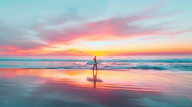 Long exposure photo of a surfer walking on the beach with a surfboard at sunrise