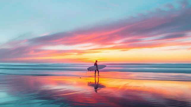 Long exposure photo of a surfer walking on the beach with a surfboard at sunrise