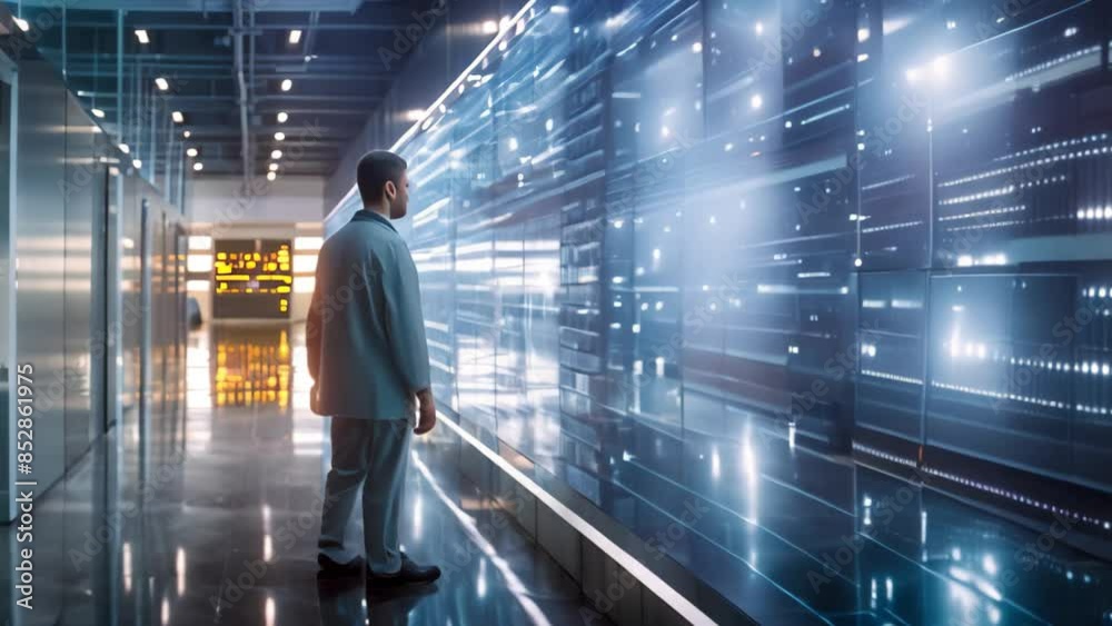 Poster engineer standing in front of a large data display in a high-tech research facility, an engineer in 