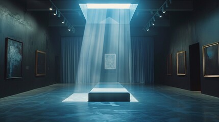 Dark room with a single light source illuminating a creative art display