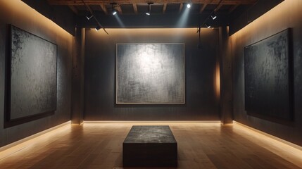 Dark room with a single light source illuminating a creative art display