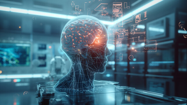 KI Roboter Gehirnforschung mit transparenten Gehirn leuchtet mit Hologrammen drumherum 3D Spieleentwicklung von Avataren mit k&uuml;nstlicher Intelligenz Generative AI
