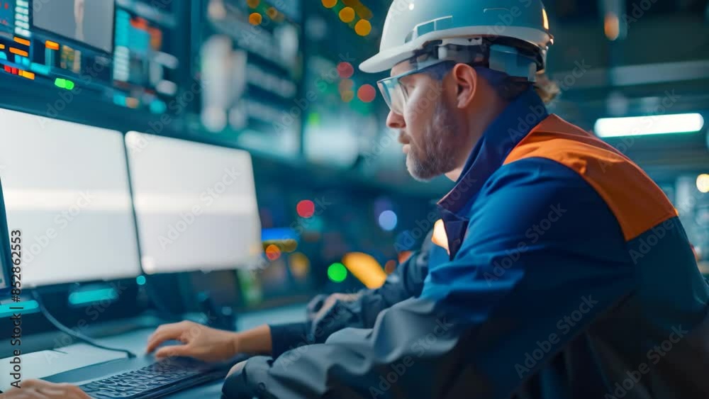 Poster engineer in hardhat focused on scada system displayed on a computer screen, an engineer operator mon