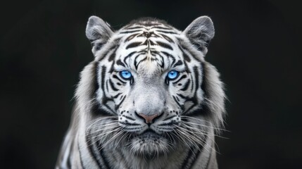 Majestic white tiger with blue eyes in dark background a symbol of beauty and power wildlife nature portrait close up animal wild mammal tiger endangered species big cat feline blue eyes dark