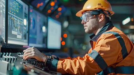 A man wearing a hard hat is focused on a computer screen, working diligently, An engineer operator monitors a SCADA system in a control room environment