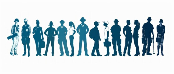 Silhouettes employees from various professions represent diversity, collaboration in workforce