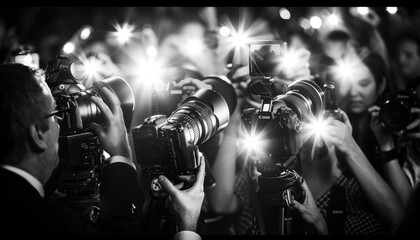 Intense focus paparazzi photographers aiming cameras, lenses gleaming with anticipation