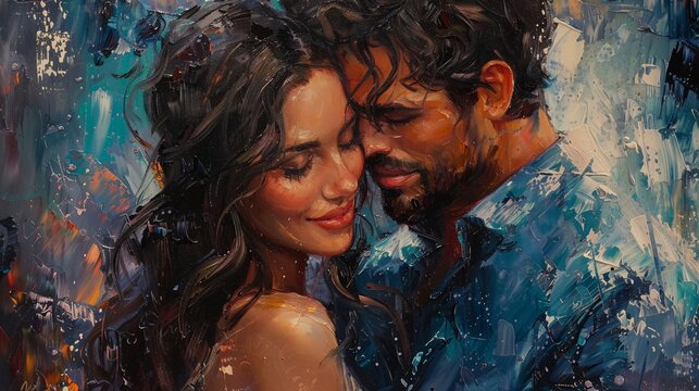 Detailed oil painting of a couple in love, with a romantic and luxurious finish