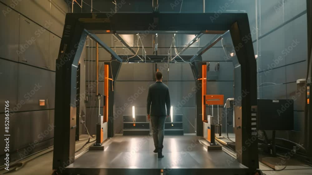 Poster engineer testing prototype inside massive steel framework, an engineer testing out a prototype in a 