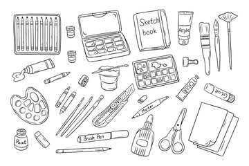 Fototapeta premium Art products outline doodle set with painting and crafting items. Monochrome educational outline stickers. Clipart of sketchy outline drawings isolated on white background