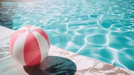 Obraz premium Close up of fuchsia and white inflatable beach ball on the corner of swimming pool, beautiful vacation background