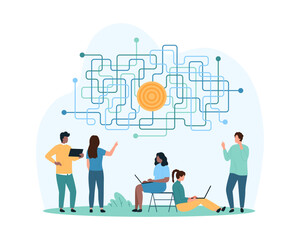 Success of goal achievement, solving complex problem. Tiny people think on complicated labyrinth to understand easy way to target, group process of finding smart idea cartoon vector illustration