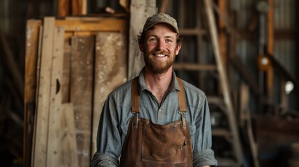 Carpenter man attend to making masterpiece woodworks handcrafted furniture fine measure in wood workshop.