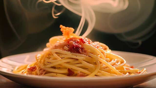 A white plate filled with steaming spaghetti carbonara covered with crispy bacon, An video of a steaming plate of spaghetti carbonara topped with crispy pancetta