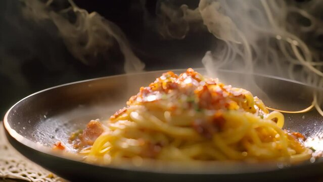 A plate of spaghetti covered in creamy sauce with heavy steam rising from it, An video of a steaming plate of spaghetti carbonara topped with crispy pancetta