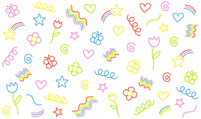 Kids Doodles and Scribbles Icon Set. Editable Colors. Flowers, Hearts, Swirls, Stars, Rainbows, and Butterflies.