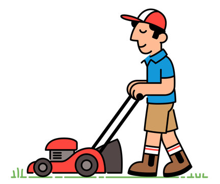 recommend clip art: Cartoon man mowing lawn drawing