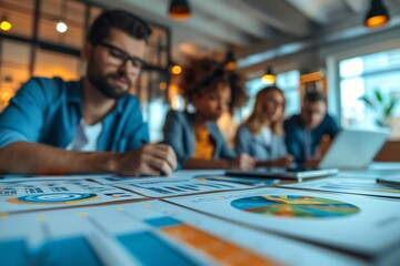 Focused team analyzing data charts in office meeting. Professionals collaborating and discussing business strategy and financial reports.