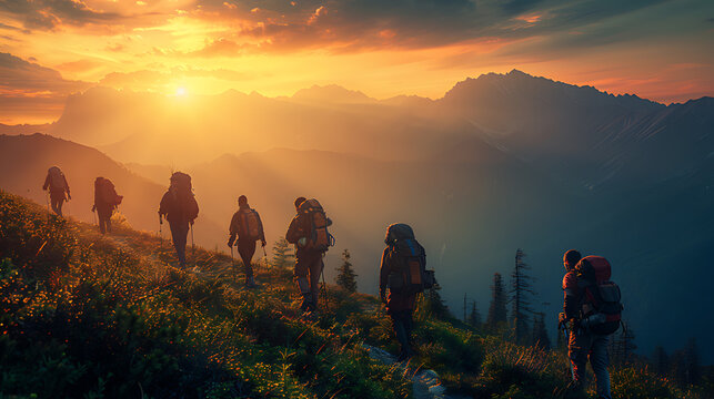 Group of people walking on mountain path Morning sunrise time