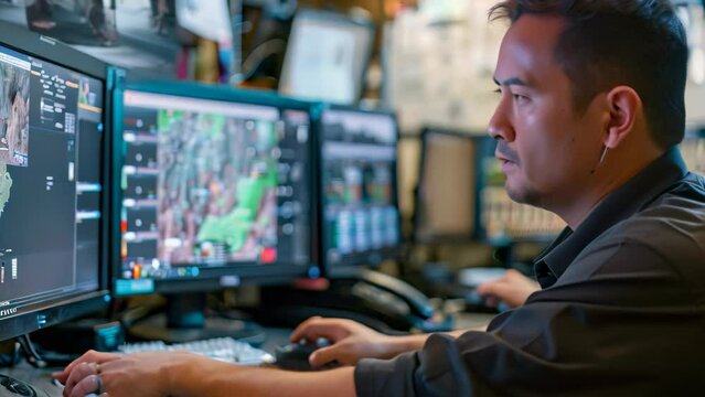 A man sitting in front of a computer monitor, working as an incident response manager coordinating a response, An incident response manager coordinating a response to a cyber attack