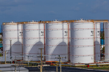 View of the new installation crude oil storage tank in the tank farm. storage tanks can be used to hold materials