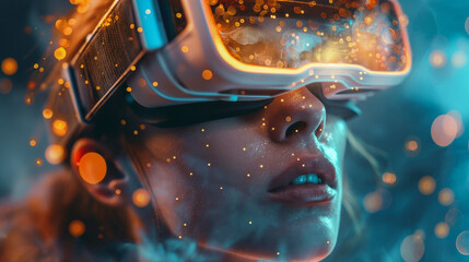 Cinematic Closeup of Holographic Augmented Reality Helmet with Digital Elements Floating in Space, Capturing Detailed Facial Expressions and Virtual Interactions for an Immersive Experience