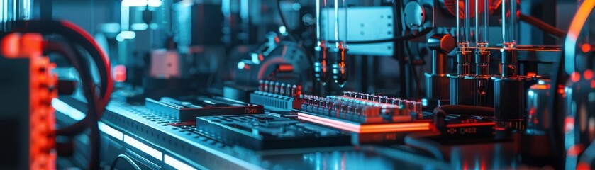 Naklejka premium Experimental setup for battery testing with detailed instruments, advanced lab theme, closeup view, showcasing hightech equipment, cybernetic tone, splitcomplementary color scheme