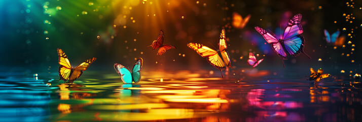 夜の湖に虹色に輝いているの綺麗な蝶、コピースペース,テキスト用スペース,Generative AI,Beautiful butterfly in rainbow colors shining on a lake at night, Copy Space,Space for Text,Generative AI