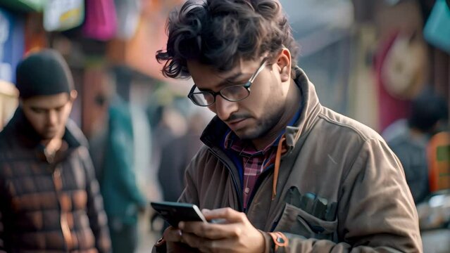 A man of Indian descent standing on a busy urban street, engrossed in his smartphone, An Indian man testing a mobile app on a smartphone