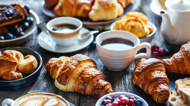 breakfast table with coffee, croissants, bread and pastry. 