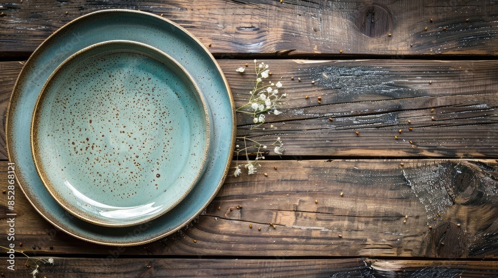 Sticker rustic dinner setting with two small plates on a wooden table