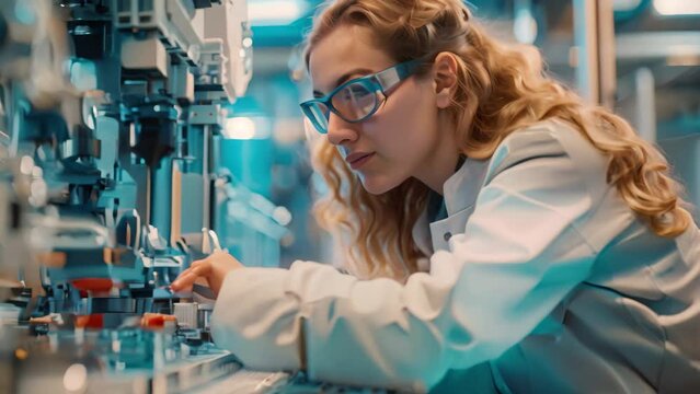 An industrial engineer in a lab coat works on a machine in a manufacturing facility, An industrial engineer collaborating with colleagues to implement innovative solutions in a factory