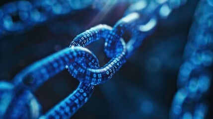 This image offers a close-up on the complexity of blockchain technology, with a detailed view of encrypted digital blocks linked together in a secure network.