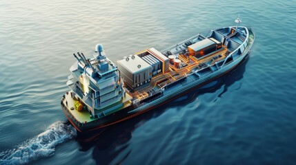 Fototapeta premium Electric ship with a cutaway view of the battery system, sustainable maritime travel theme, side view, demonstrating renewable energy solutions, digital tone, vivid