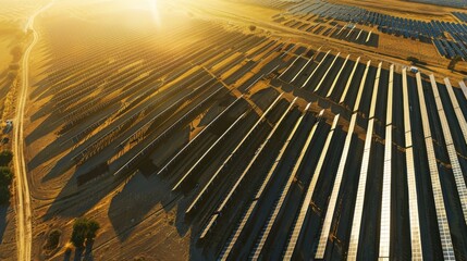 Obraz premium Solar farm with rows of solar panels in a rural area