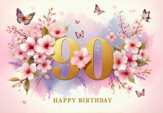 Elegant 90th birthday card with gold numerals, florals, and butterflies on a pastel background