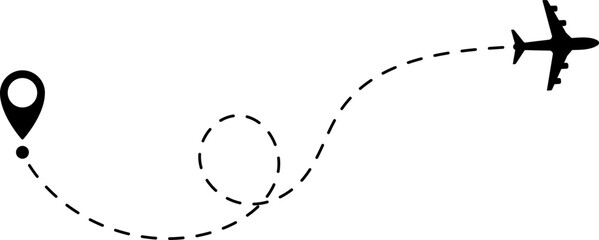 Air plane flight route with start and end point and dash line trace - Airplane line path vector icon