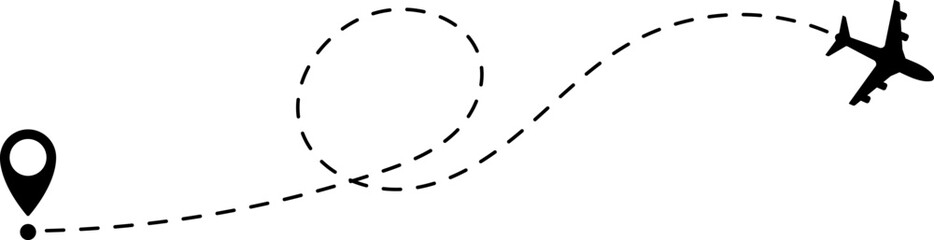 Air plane flight route with start and end point and dash line trace - Airplane line path vector icon
